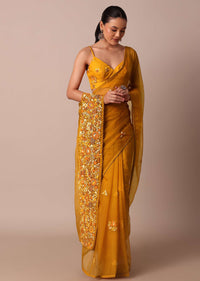 Yellow Organza Saree With Intricate 3D Floral Buttis Work