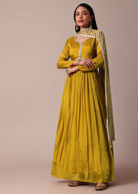 Yellow Mirror Work Printed Anarkali With Dupatta