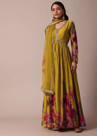 Yellow Chiffon Printed Anarkali With Dupatta