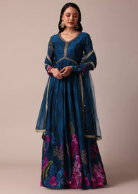 Blue Printed Anarkali In Chiffon With Dupatta