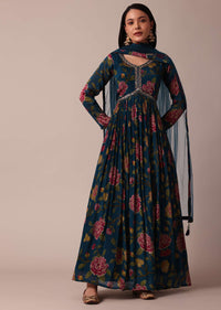 Blue Printed Anarkali And Dupatta With Cutdana Work