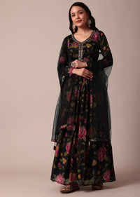 Black Floral Print Anarkali And Dupatta