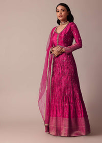 Pink Banarasi Anarkali Set With Bandhani Print