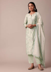 Pista Green Chanderi Pant Set With Embroidery