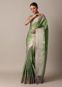 Pista Green Banarasi Tunchui Silk Saree With Woven Motifs And Unstitched Blouse Piece