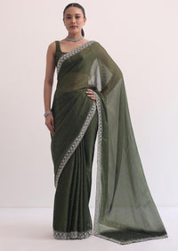 Forest Green Jacquard Saree In Cutdana Embroidery With Unstitched Blouse