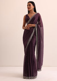 Wine Satin Jacquard Saree With Cut Dana Work And Unstitched Blouse