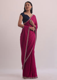 Magenta Satin Saree With Embellished Scallop Border