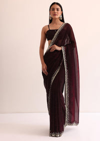 Maroon Red Satin Saree With Mirror Embroidery And Unstitched Blouse