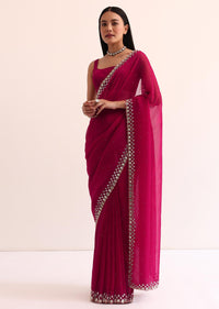 Red Satin Chinon Saree With Mirror Embroidery And Unstitched Blouse