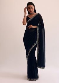 Navy Blue Chinon Saree With Mirror Embroidery And Unstitched Blouse