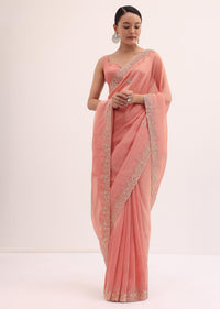 Peach Embroidered Tissue Saree With Unstitched Blouse