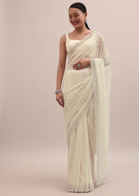 White Embroidered Georgette Saree With Unstitched Blouse