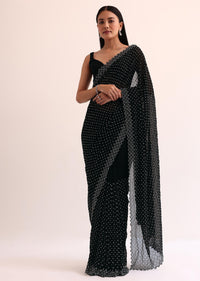 Black Georgette Saree With Stone Embroidery And Unstitched Blouse