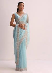 Sky Blue Saree With Resham Threadwork And Unstitched Blouse