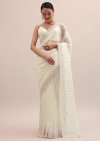Off White Organza Saree In Thread Work With Unstitched Blouse