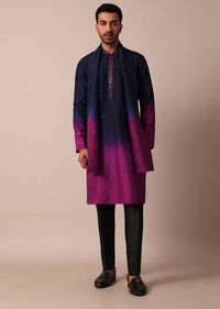 Elegant Navy Blue To Pink Ombre Silk Kurta Set For Men With Dupatta