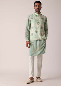Green Jacket Kurta Set With All-Over Print For Men