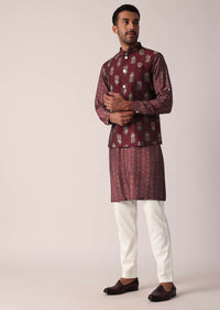 Stunning Red Festive Jacket Kurta Set For Men