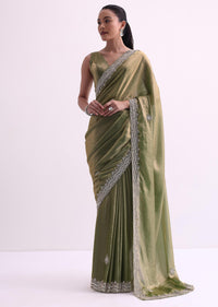 Green Tissue Organza Saree With Scallop Sequin Border And Unstitched Blouse Fabric