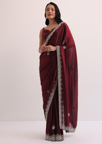 Maroon Red Organza Saree With Scalloped Border