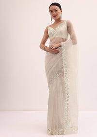Off White Organza Saree In Sequins With Unstitched Blouse