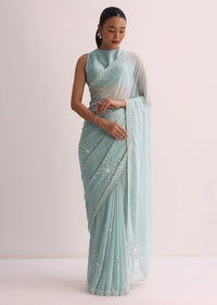 Blue Sequin Saree With Unstitched Blouse