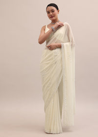 White Georgette Saree In Sequins With Unstitched Blouse