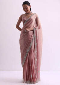 Peach Chiffon Silk Saree With Cutdana Border And Unstitched Blouse Fabric