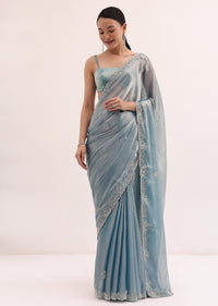 Powder Blue Embroidered Chinnon Saree With Unstitched Blouse