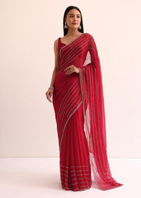 Red Chinon Silk Saree With Cut Dana Embroidery And Unstitched Blouse