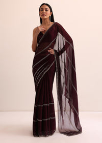 Maroon Red Chinon Silk Saree With Cut Dana Work And Unstitched Blouse