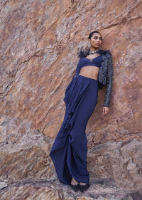Midnight Blue Feathered Jacket With Draped Skirt And Bustier