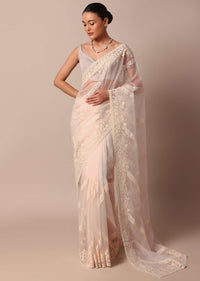 White Organza Silk Chikankari Saree With Cutdana Bead Work And Unstitched Blouse Fabric