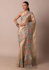 Beige Tissue Silk Saree With Resham Thread Embroidery