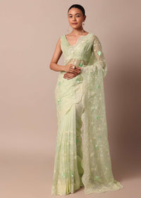 Green Chikankari Saree In Organza Silk With Resham Floral Jaal And Unstitched Blouse Fabric