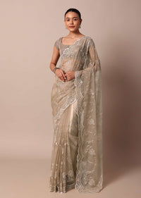 Beige Organza Silk Chikankari Saree With Sequin Scallop Work And Unstitched Blouse Fabric