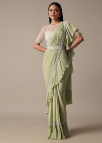 Graceful Green Pleated Saree With Ready Made Blouse
