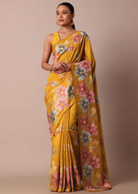 Yellow Semi Tussar Silk Saree With Resham Thread Artistry