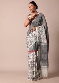 White Woven Cotton Linen Embroidered Saree With Floral Motifs And Unstitched Blouse Piece