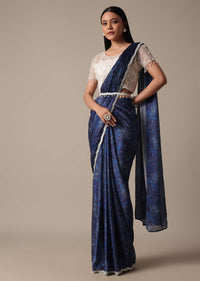 Navy Blue Ready Pleated Saree With Stitched Blouse