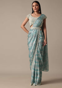 Blue Ready Pleated Muslin Saree With Embellished Blouse