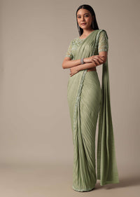 Stylish Green Ready Pleated Saree With Stitched Blouse