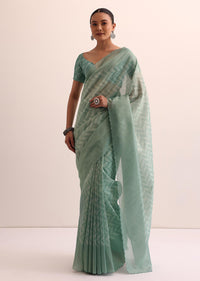 Green Tissue Silk Saree With Stone Embroidery And Unstitched Blouse