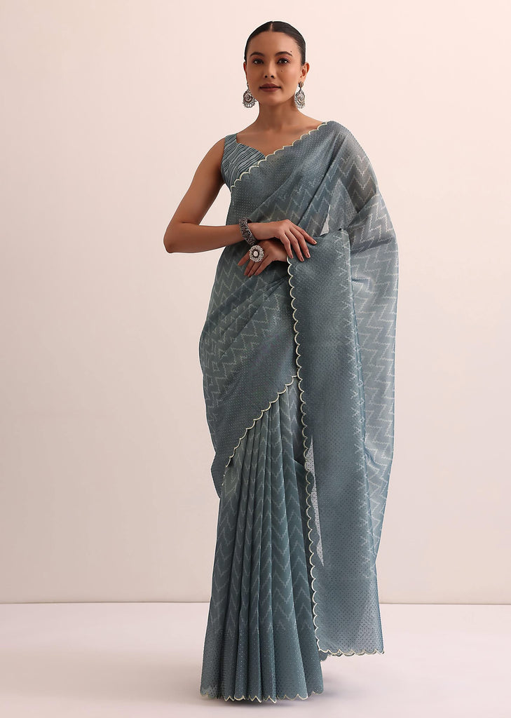 Blue Tissue Silk Saree With Stone Embroidery And Unstitched Blouse