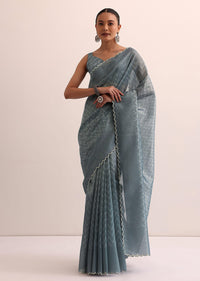 Blue Tissue Silk Saree With Stone Embroidery And Unstitched Blouse