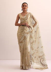 Beige Chanderi Silk Saree With Thread Work And Unstitched Blouse