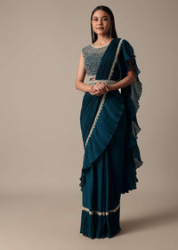 Chic Blue Ready Pleated Saree With Ready Made Blouse