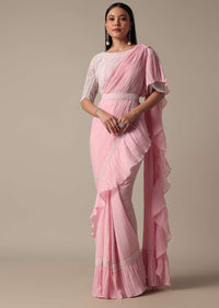 Pink Ready Pleated Frill Saree With Heavy Bead Work Blouse