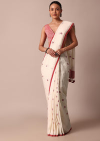 White Cotton Linen Saree With Red Polka Dots And Unstitched Blouse Piece